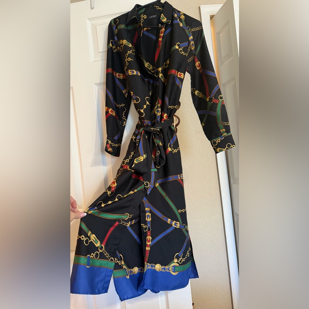 Elegant Ralph Lauren Chain Print Black Dress